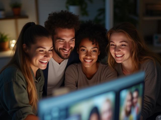 A photo of the Fokus Fotostudio Oslo team reviewing photos together, smiling.