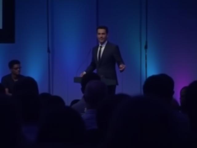 Photo of a speaker on stage at a conference