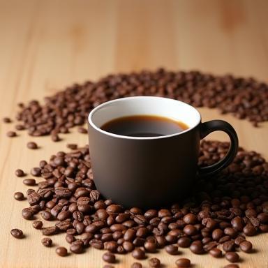 Product photography showing a stylized coffee cup and beans